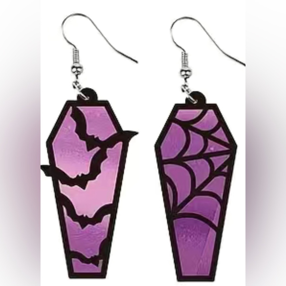 Coffin Bats and Webs Dangling Earrings Halloween purple and black NEW